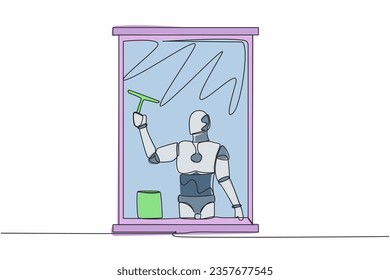 Single one line drawing of robot cleaning windows with glass cleaner tools. Washing windows with bucket, detergent, wet rag. Robotic artificial intelligence. Continuous line design vector illustration