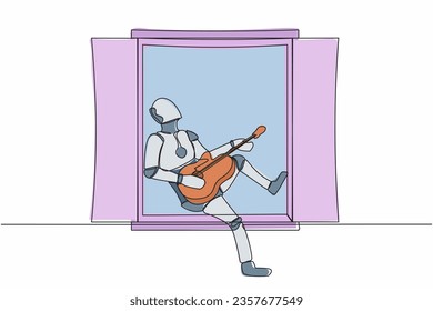 Einzeilige Zeichenkette, die auf dem Fensterbrett sitzt und Gitarre und Song spielt. Entspannung, Komfort, Romantik. Moderne robotische künstliche Intelligenz. Design der kontinuierlichen Linien, Vektorgrafik