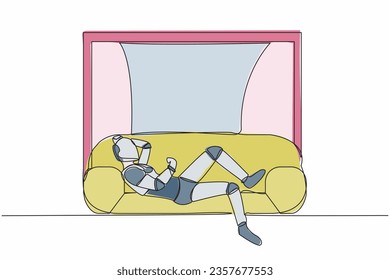 Single one line drawing robot lying on sofa near windowsill at home. Spending time, relaxing after work. Modern robotic artificial intelligence. Continuous line draw design graphic vector illustration