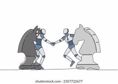 Single one line drawing robot competitors standing on horse chess piece, handshaking after finish agreement. Future technology development industry. Continuous line design graphic vector illustration