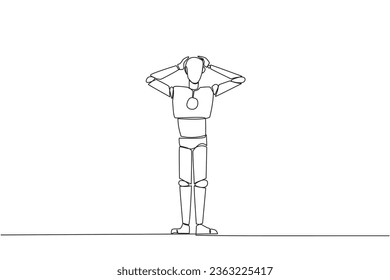 Single one line drawing robot standing straight holding head with both hands. Gestures excited or surprised. Unusual facial expressions. Startled. AI tech. Continuous line design graphic illustration