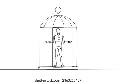 Single one line drawing robot trapped in cage standing with open arms. Surrender to the situation. Forced to stay in a cage. Business is not growing. Tech. Continuous line design graphic illustration