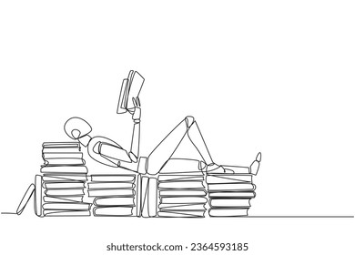 Single one line drawing robot lying down on a stack of books lined up. Relax while reading the fiction book. Enjoy the storyline. Book festival concept. Continuous line design graphic illustration