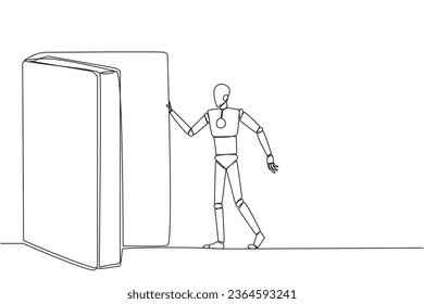 Single one line drawing robot open the book-shaped door. Book can open mind and see everywhere. Increase knowledge about the wider world. Book festival. Continuous line design graphic illustration