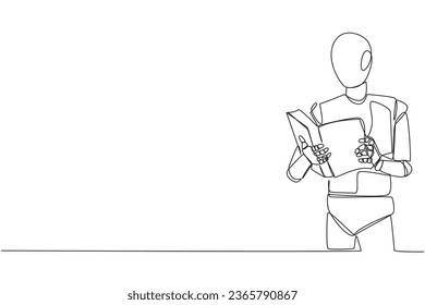 Single one line drawing robot artificial intelligence focus on reading. Try to find answer to tasks given. Seek more knowledge. Reading increases insight. Continuous line design graphic illustration