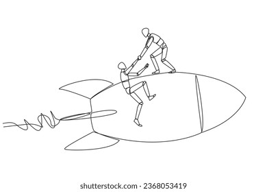 Un robot de dibujo de una sola línea ayuda a sus compañeros a subir el cohete volador. Metáfora ayuda en la gestión de sucursales de empresas. Se dispararon como en el negocio anterior. Ilustración gráfica de diseño de línea continua