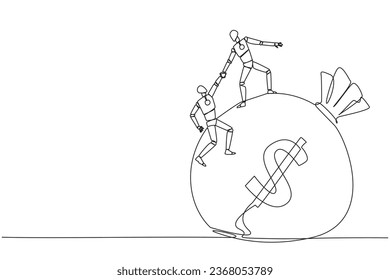 Single one line drawing robot helps colleague to climb the big money bag. Collaborate to gain mutual benefit. Stronger together. Great teamwork. Cohesive. Continuous line design graphic illustration