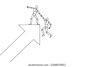 Single one line drawing robot helps colleague climb the big rising arrow symbol. Compact teamwork. Positive effect on company. Complete work correctly. Continuous line design graphic illustration