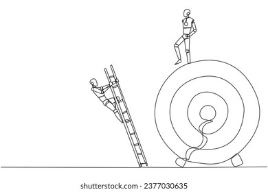 Single one line drawing the robot kicks colleague who is climbing the target arrow board with a ladder. The metaphor of getting rid of business destroyers. Continuous line design graphic illustration