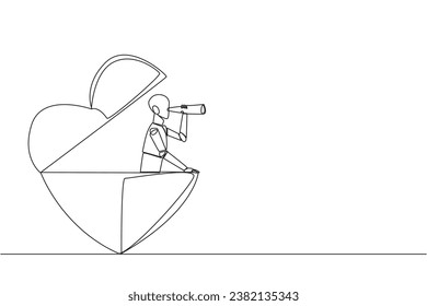 Single one line drawing a robot emerges from shape of a heart look for something with binoculars. Scan. Analyzing social sensitivity. Unfair business. Continuous line design graphic illustration