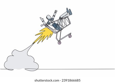 Robot de dibujo de una sola línea montando cohetes de carro de la compra volando en el cielo. Tecnología de inteligencia artificial robótica. Industria de la tecnología electrónica. Ilustración vectorial de diseño de línea continua