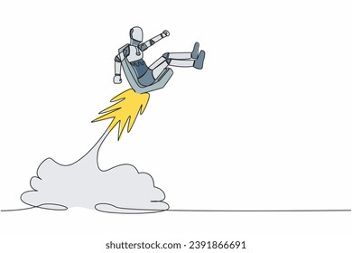 Single one line drawing robot riding office chair rocket flying in the sky. Boost career tech development. Robotic artificial intelligence technology. Continuous line draw design vector illustration