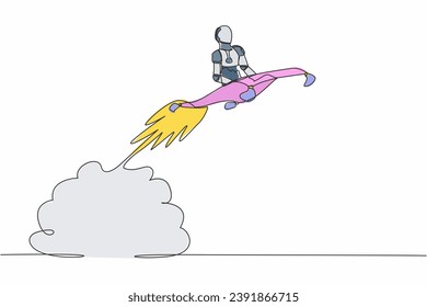 Single one line drawing robot riding magic carpet rocket flying in the sky. Tech business acceleration. Modern robotic artificial intelligence. Continuous line draw design graphic vector illustration