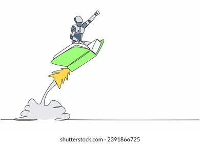Single one line drawing robot riding book rocket flying in the sky. Increase tech ability learning. Modern robotic artificial intelligence technology. Continuous line draw design vector illustration