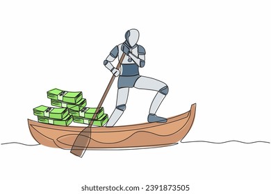 Single one line drawing robot sailing away on boat with pile of banknote. Digital financial crime or money laundering. Robotic artificial intelligence. Continuous line draw design vector illustration