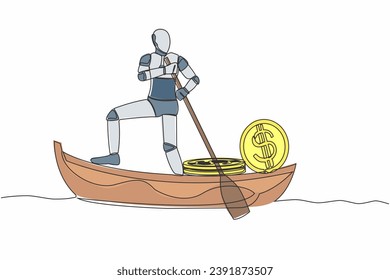 Single one line drawing robot sailing away on boat with pile of dollar coins. Criminal stole golden coin from bank. Robotic artificial intelligence. Continuous line graphic design vector illustration