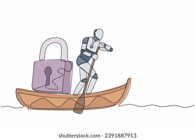 Single one line drawing robot sailing away on boat with padlock. Security and shipping business protection. Modern robotic artificial intelligence. Continuous line design graphic vector illustration