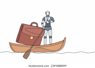 Einzeilige Zeichnung eines Roboters, der mit einer Aktentasche auf dem Schiff wegsegelt. Machen Sie eine Pause vom geschäftigen Fabrikbetrieb. Moderne robotische künstliche Intelligenz. Grafische Vektorgrafik für kontinuierliche Linien