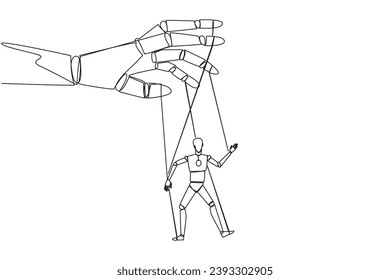 Single one line drawing the robot walks by being moved by ropes controlled by a giant hand above. Doesn't have firm attitude. Technology error. AI concept. Continuous line design graphic illustration