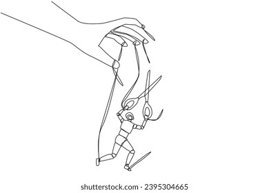 Single one line drawing of robot walking moved by ropes controlled by giant hands. Break free with scissors. Artificial intelligence that provides benefits. Continuous line design graphic illustration