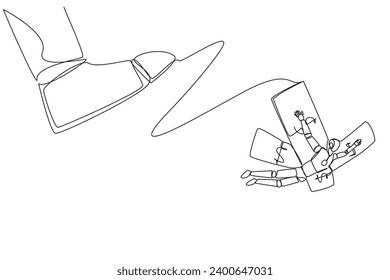 Single one line drawing robot flying using banknote wing. Promising robot business. Advanced technology. Future artificial intelligence development concept. Continuous line design graphic illustration