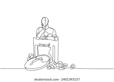 Single one line drawing robot is in the trash. Artificial intelligence is not yet efficient. Unable to detect the danger of fraudulent financial statements. Continuous line design graphic illustration