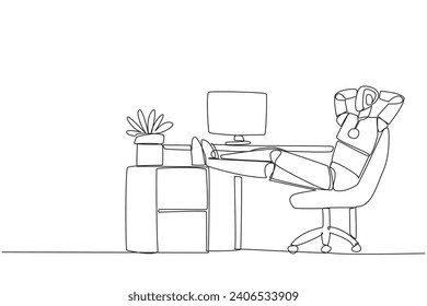 Single one line drawing robot sits in work chair with his hands behind head and his legs raised on work desk. Worker robot. Can feel tired. Relax. AI. Continuous line design graphic illustration