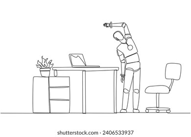Single one line drawing robot stands while raising one hand and tilting body. A robot that is smart at exercising. Artificial intelligence. Future tech. Continuous line design graphic illustration