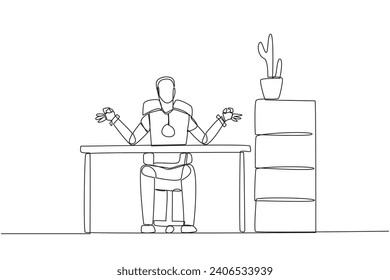 Robot de dibujo de una sola línea sentado en una silla de trabajo con los dedos redondeados. Los robots necesitan una sensación de calma. Mejorar la inteligencia artificial programada. Ilustración gráfica de diseño de línea continua