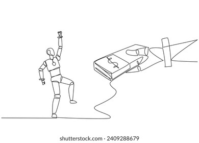 Single one line drawing a robot excited to get a stack of banknotes from giant hand. Success that makes money. Cost of upgrading requirements. Future tech. Continuous line design graphic illustration