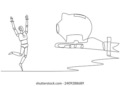 Single one line drawing a robot happy to get a piggy bank from giant hand. Invest in algorithm testing. Artificial intelligence is increasing. Future tech. Continuous line design graphic illustration