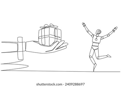 Dibujo de una sola línea con un robot emocionado por conseguir la caja de regalo de la mano gigante. Éxito. Un regalo memorable como un robot inteligente. Desarrollo tecnológico futuro. Ilustración gráfica de diseño de línea continua