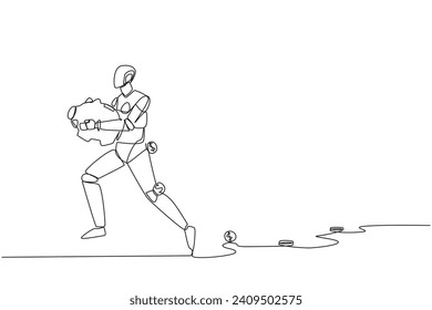 Single one line drawing a robot running while carrying a piggy bank with coins scattered around. Helps maintain profits. Artificial intelligence technology. Continuous line design graphic illustration