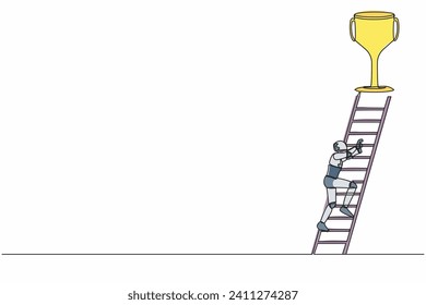 Robot de dibujo de una sola línea escalando escalera para obtener trofeo. Motivación al éxito. Tecnología futura. Proceso de aprendizaje de la máquina de inteligencia artificial. Ilustración vectorial de diseño de línea continua