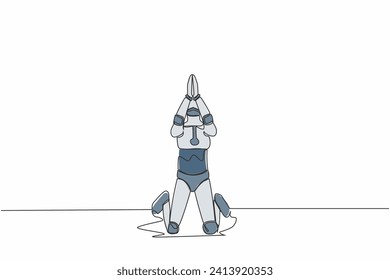 Robot de una sola línea dibujando arrodillarse y rezar. Pérdida de dinero, crisis económica, quiebra, deprimida. Inteligencia artificial robótica. Industria tecnológica. Ilustración vectorial de dibujo de línea continua