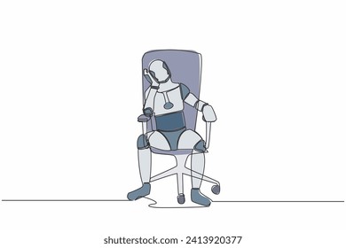 Single one line drawing robot sitting at office chair, feeling stressed, alone. Robotic artificial intelligence. Electronic technology industry. Continuous line draw design graphic vector illustration