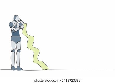 Single one line drawing robot standing think about finding money for paying bills during crisis. Robotic artificial intelligence. Technology industry. Continuous line draw design vector illustration