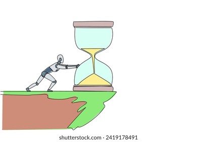 Single one line drawing robot pushes down a giant hourglass from the edge of cliff. Eliminate obstacles in the form of deadlines. Future technology concept. Continuous line design graphic illustration