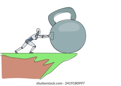 Single one line drawing robot pushes the large kettlebell down from the edge of the cliff. Exercise increases power. Future technology development concept. Continuous line design graphic illustration