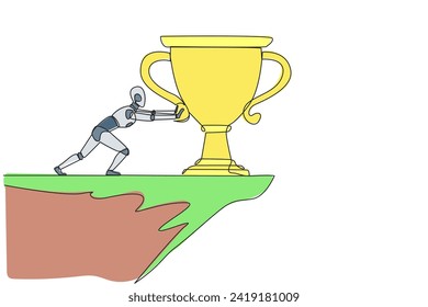 Ein einzeiliger Ziehroboter schiebt die Riesentrophie vom Rand der Klippe. Vergeuden Sie die Chance, Meister zu werden. Roboterkünstliche Intelligenz. Grafische Abbildung des Liniendesigns