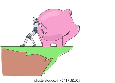 Single one line drawing robot pushes a giant piggy bank down from the edge of cliff. Wasting money. Future technology development. Artificial intelligence. Continuous line design graphic illustration