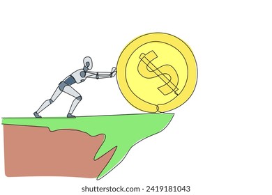 Ein einzeiliger Ziehroboter treibt riesige Münzsignatur vom Rand der Klippe nach unten. Roboterkünstliche Intelligenz. Konzept der elektronischen Technologie. Grafische Abbildung des Liniendesigns