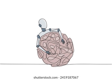 Single one line drawing robot hugging tangled circle. It's a long process that makes anxiety to succeed of making the perfect robot. Future technology. Continuous line design graphic illustration