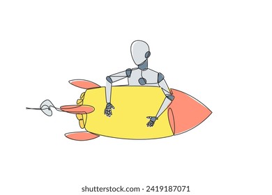 Single one line drawing robot hugging flying rocket. His ability is set up to be able to catch a flying rocket. Machine learning center. Future technology. Continuous line design graphic illustration