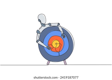 Single one line drawing robot hugging arrow board target. Sharpen the robot's artificial intelligence to be able to focus on capturing moving objects. Continuous line design graphic illustration