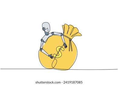 Robot de dibujo de una sola línea abrazando bolsa de dinero. Cuanto más inteligente es el robot, más dinero recibe. Desarrollo futuro de inteligencia artificial tecnológica. Ilustración gráfica de diseño de línea continua