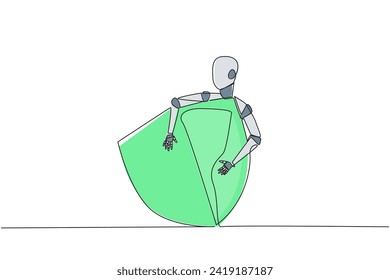 Single one line drawing robot hugging shield. Robots protect websites, online applications and computer laptops from hackers or viruses. Machine learning. Continuous line design graphic illustration