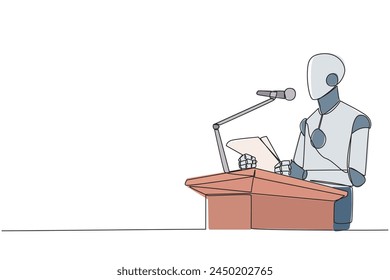 Robot de dibujo de una sola línea hablando en el podio sosteniendo un pedazo de papel. Haz un discurso de bienvenida. Robot tiene una nueva rama de negocio. Felicidad. Orador. Ilustración gráfica de diseño de línea continua