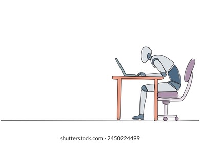 Single one line drawing robot sitting and typing on laptop computer. Work hard to achieve maximum expected results. Overtime and work smart. AI technology. Continuous line design graphic illustration