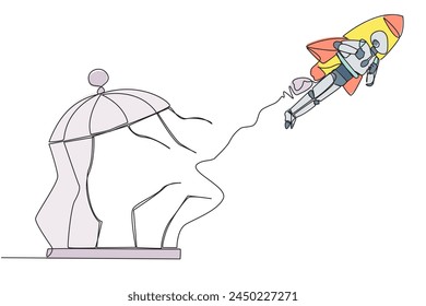 Single one line drawing robot flying with rocket and breaks the cage. Free from traps. Getting a booster to continue the business. Business soared. AI tech. Continuous line design graphic illustration